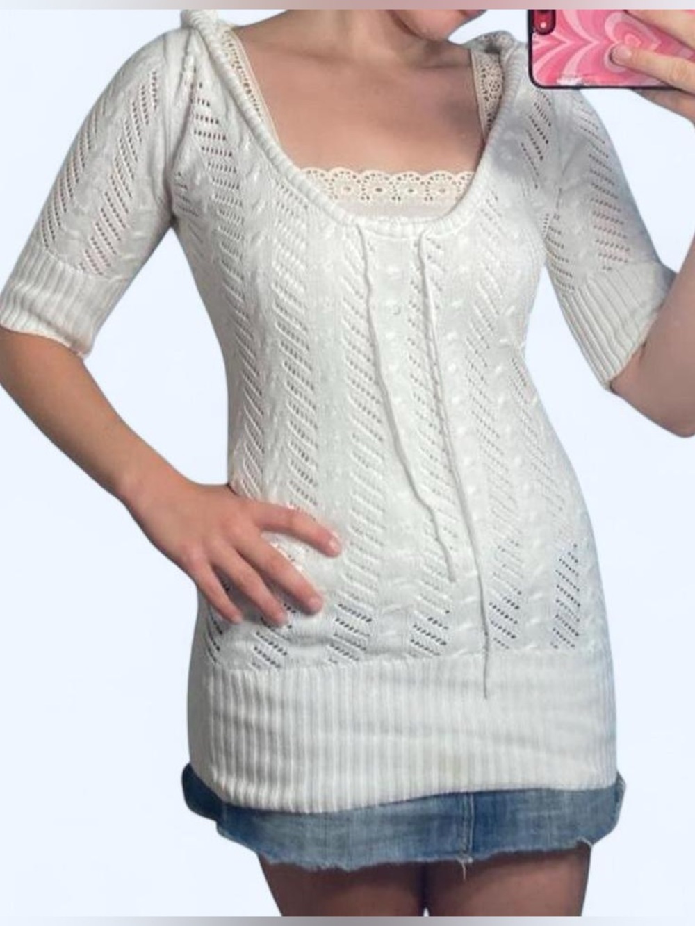 Foxy jeans white cable knit hoodie dress